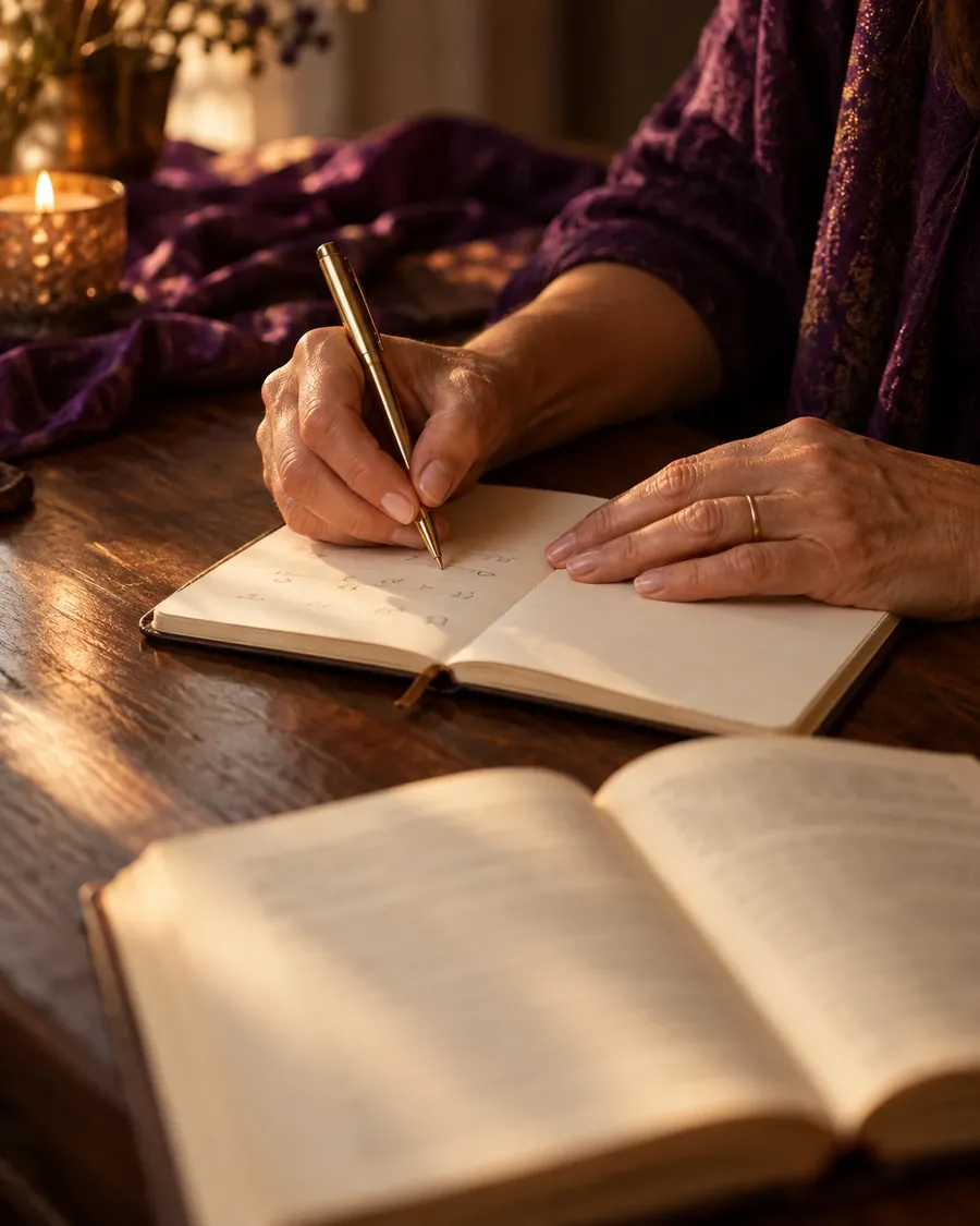 Mãos de uma mulher escrevendo uma sequência de números num caderno com caneta dourada, ao lado de um livro aberto e de uma vela acesa